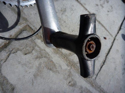 Original pedal assembly left on crankshaft and stripped down for the first few trial runs.